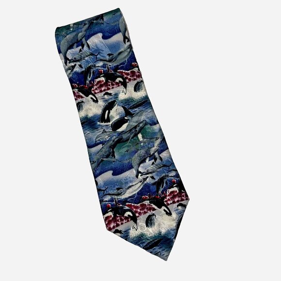 Wembley Endangered Specie Orca Silk Tie USA  Marine Life Statement Accessory VTG - Picture 1 of 6
